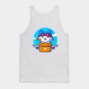 Cute Cat Flight With Cardboard Plane Cartoon Tank Top